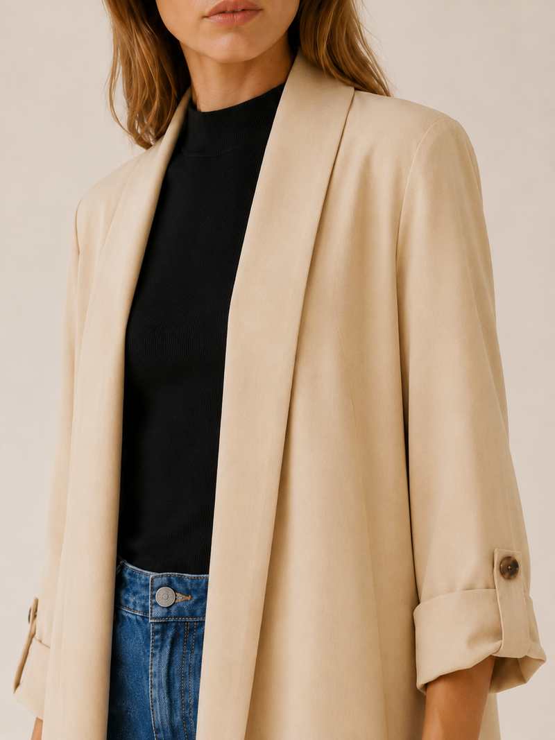 Ariane | Lang trenchcoat med åben front i Beige, nærbillede af ærme