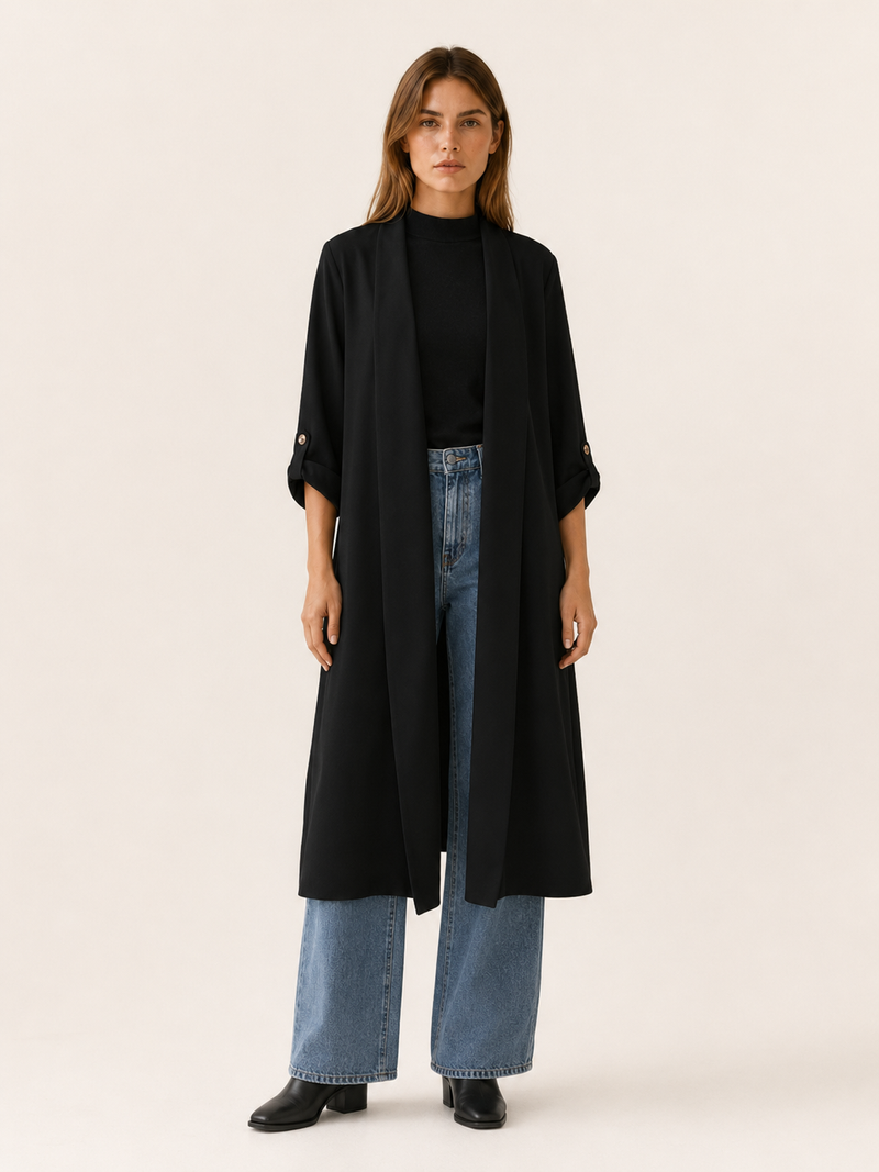 Ariane | Lang trenchcoat med åben front i Sort, forfra