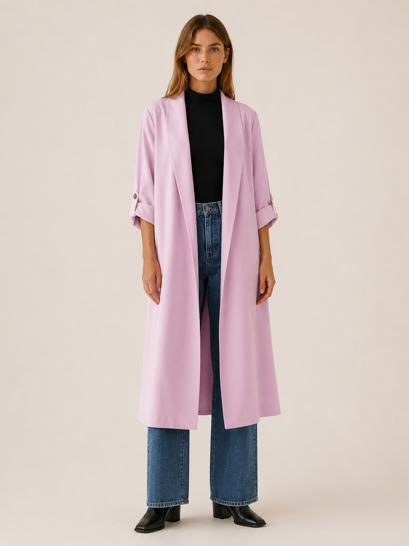 Ariane | Lang trenchcoat med åben front i Lys Rosa, forfra