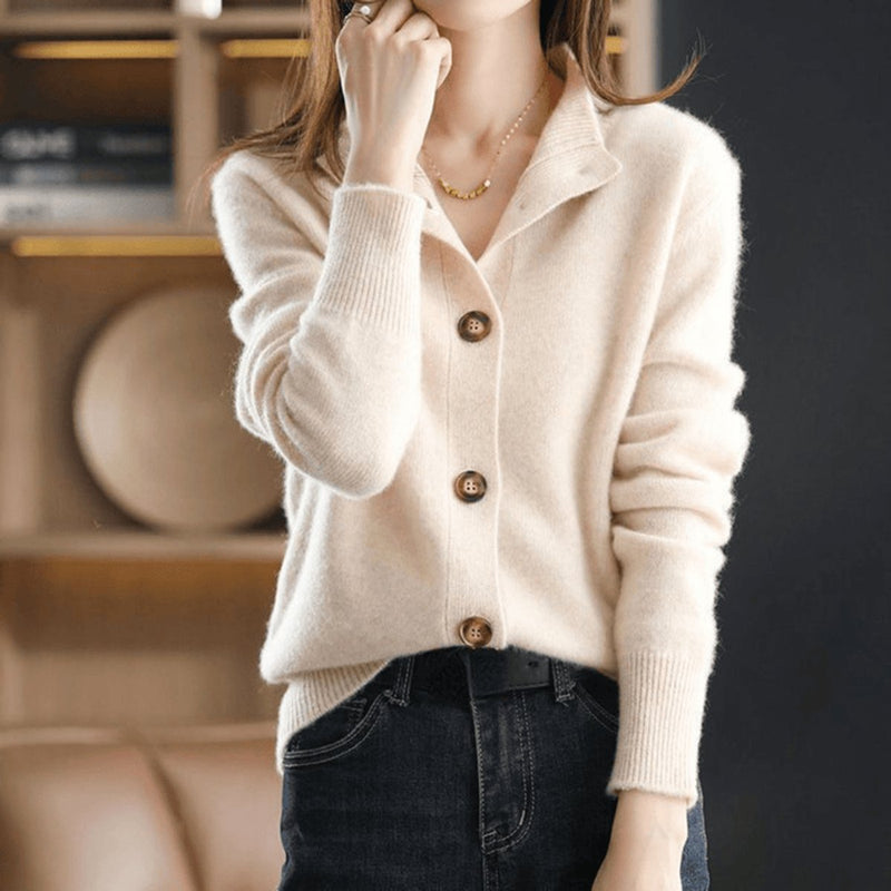 Astrid | Cardigan med ribkrave i Beige, bagfra