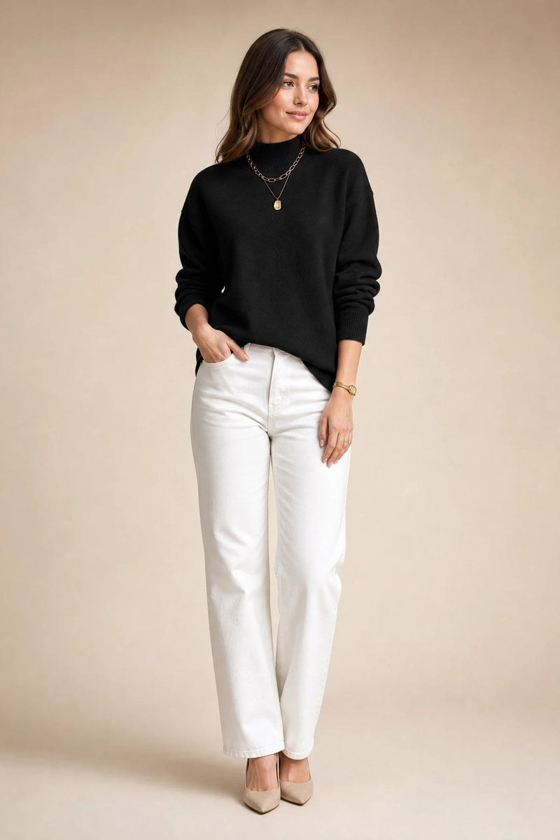 Aubrey | Oversized Mock-Neck Sweater in Black, studio front view