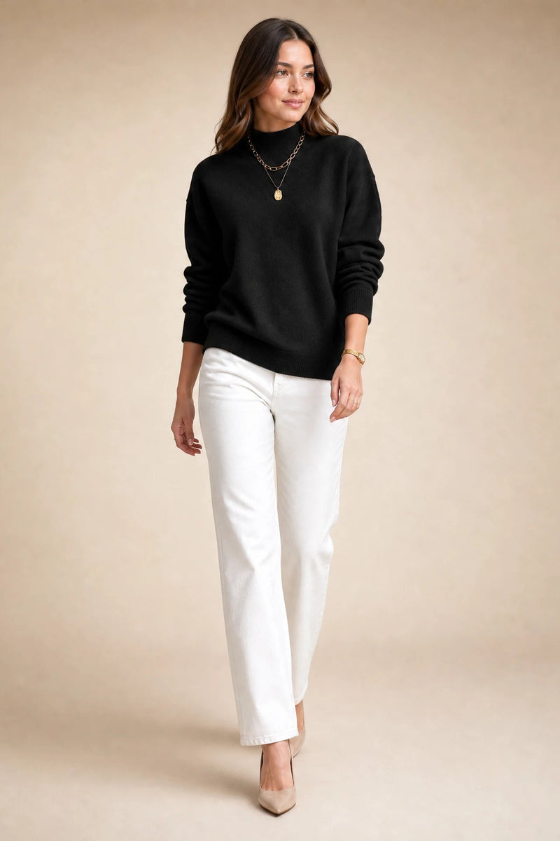 Aubrey | Oversized Mock-Neck Sweater in Black, studio back view
