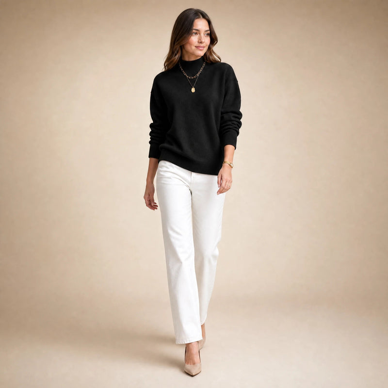 Aubrey | Women's Oversized Mock-Neck Sweater, Soft Knit in Black, view 3