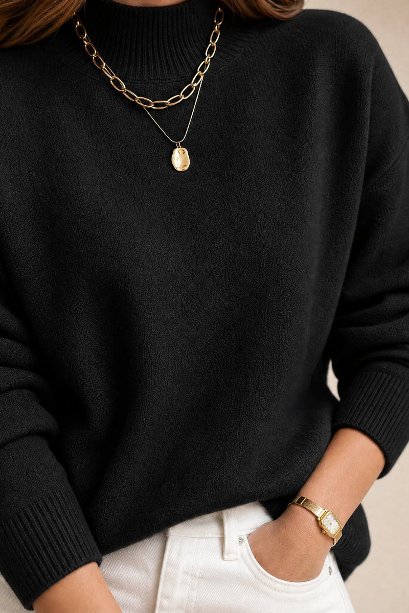 Aubrey | Oversized Mock-Neck Sweater in Black, fabric close-up