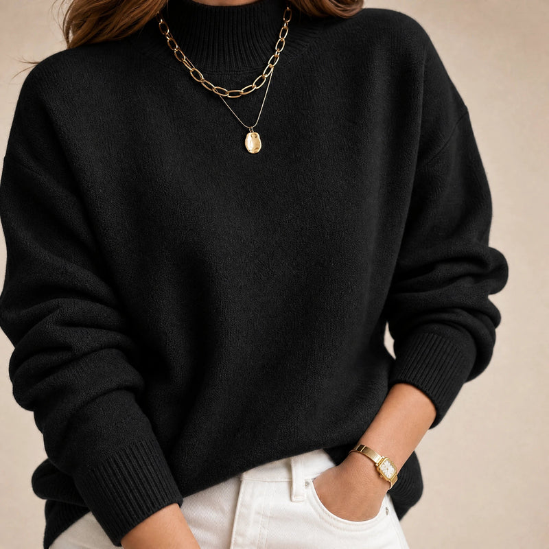 Aubrey | Women's Oversized Mock-Neck Sweater, Soft Knit in Black, view 4