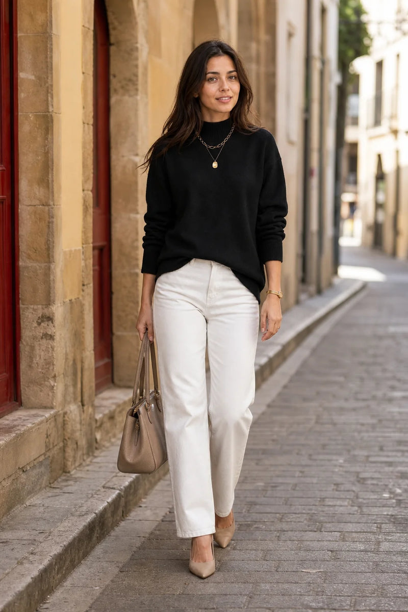 SOFAINE-V7-LIFE-Aubrey | Oversized Mock-Neck Sweater in Black, street-style view