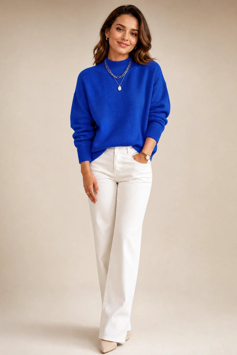 Aubrey | Oversized Mock-Neck Sweater in Blue, studio front view