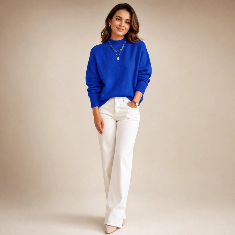 Aubrey | Women's Oversized Mock-Neck Sweater, Soft Knit in Blue, view 1