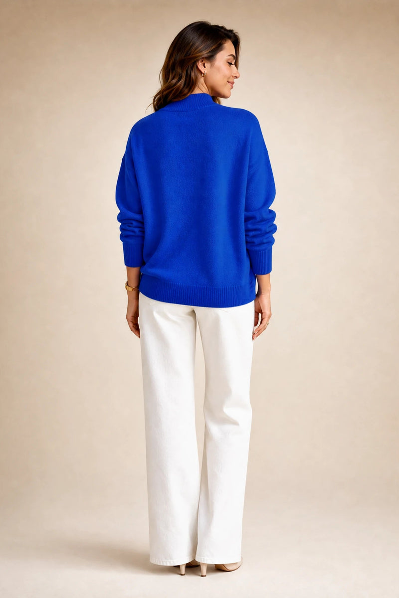 Aubrey | Oversized Mock-Neck Sweater in Blue, studio side view