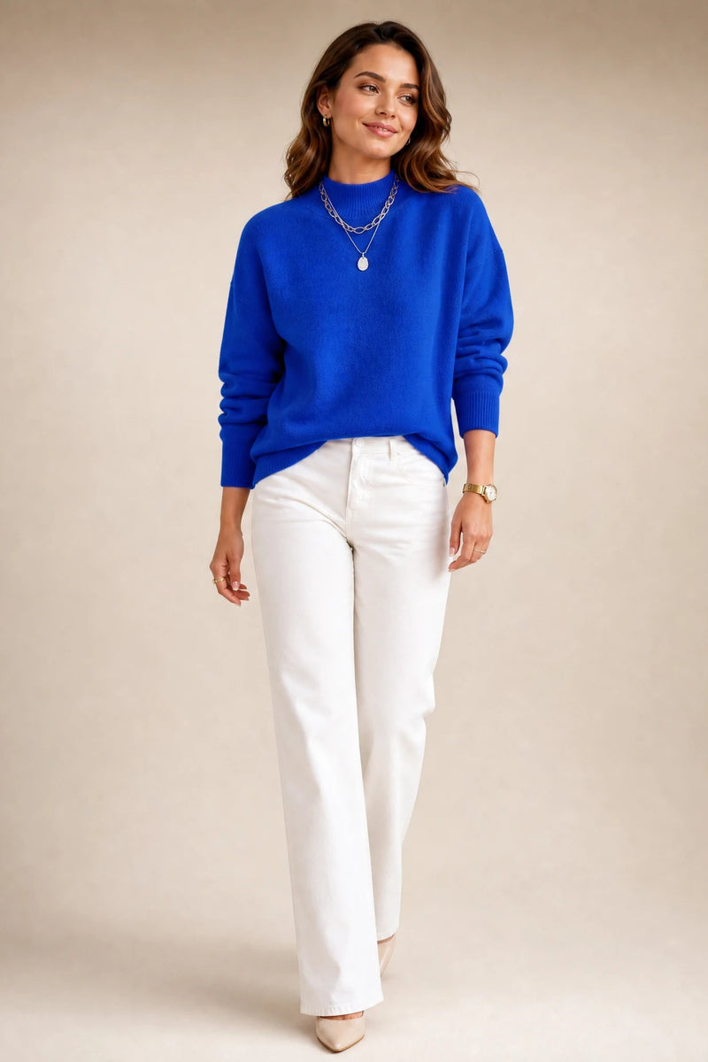 Aubrey | Oversized Mock-Neck Sweater in Blue, studio back view