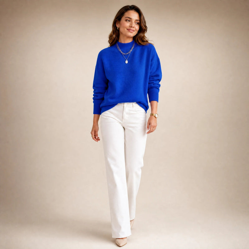 Aubrey | Women's Oversized Mock-Neck Sweater, Soft Knit in Blue, view 3