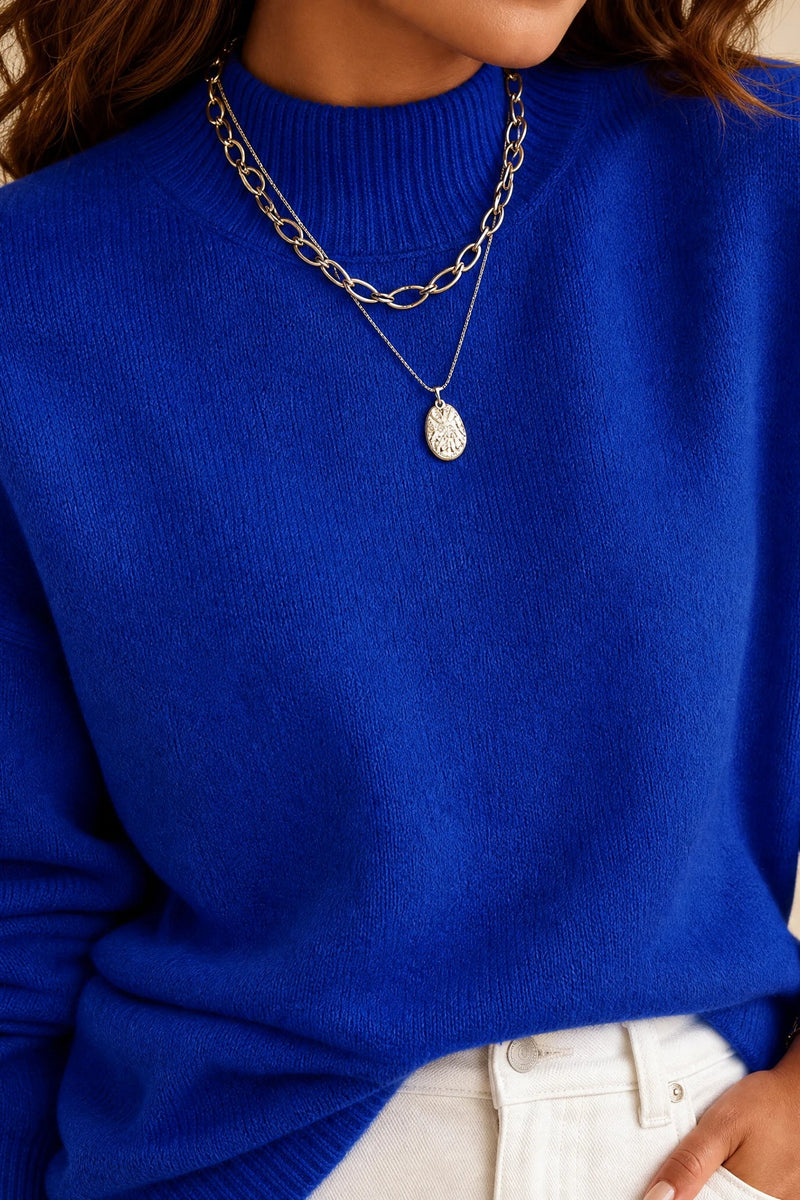 Aubrey | Oversized Mock-Neck Sweater in Blue, fabric close-up