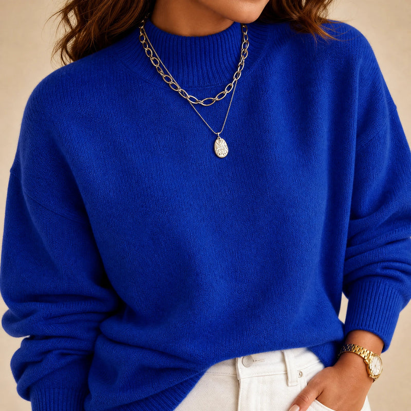 Aubrey | Women's Oversized Mock-Neck Sweater, Soft Knit in Blue, view 4