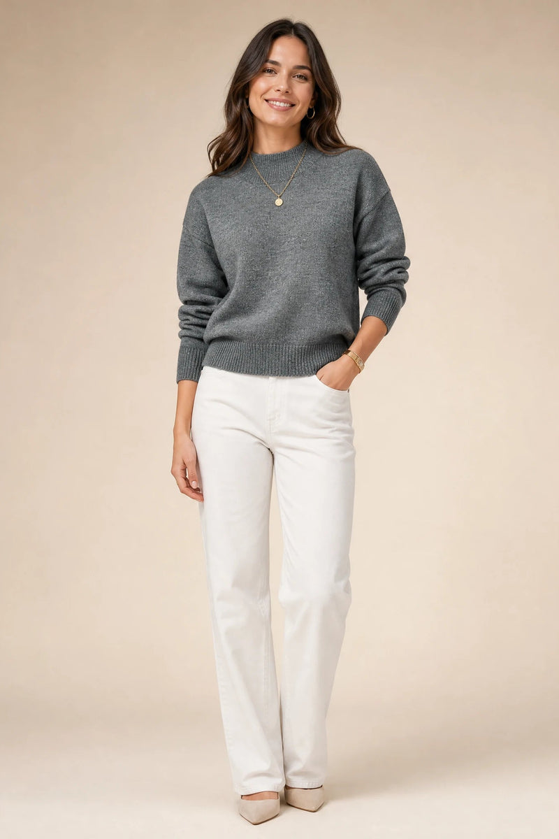 Aubrey | Oversized Mock-Neck Sweater in Dark Gray, studio front view