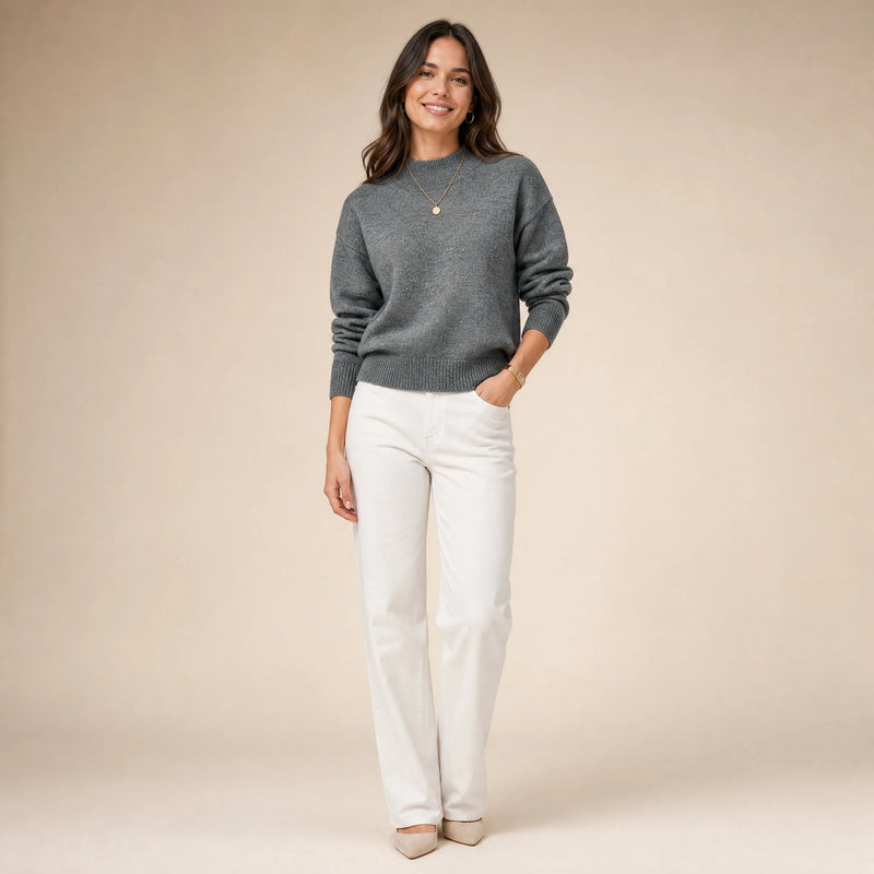 Aubrey | Women's Oversized Mock-Neck Sweater, Soft Knit in Dark Gray, view 1