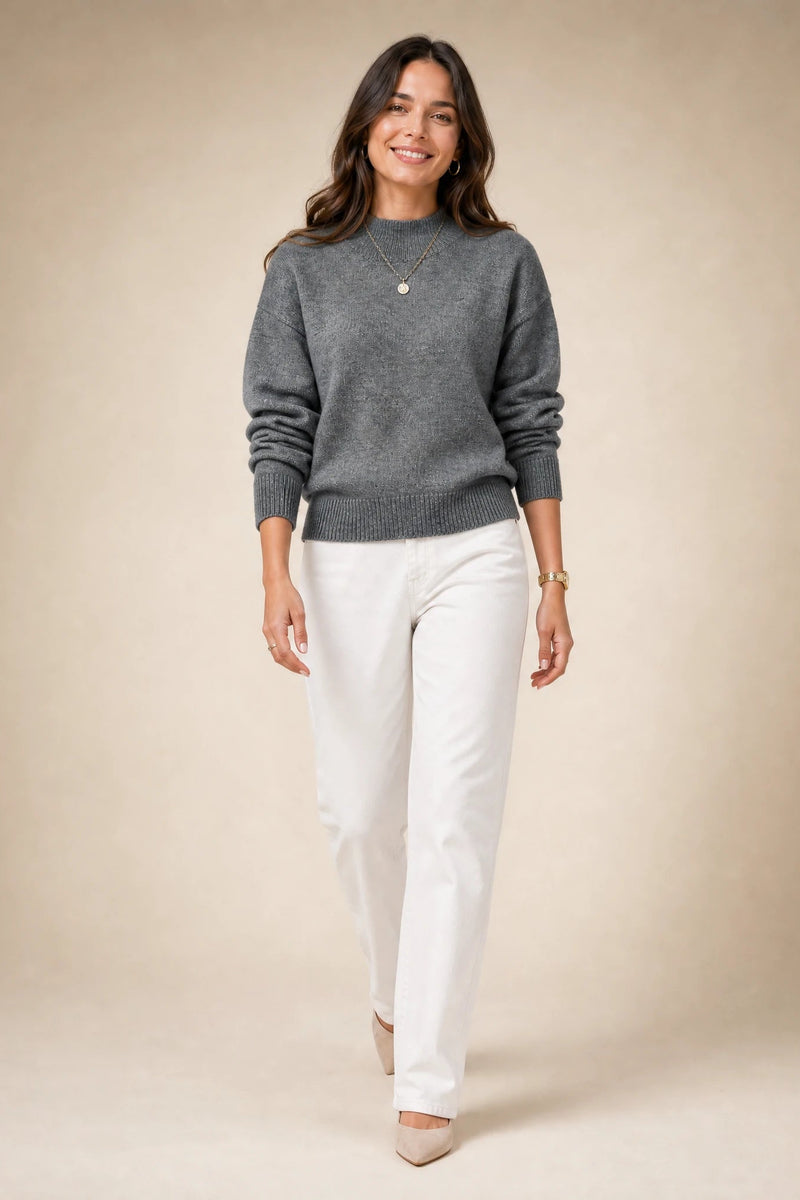 Aubrey | Oversized Mock-Neck Sweater in Dark Gray, studio back view