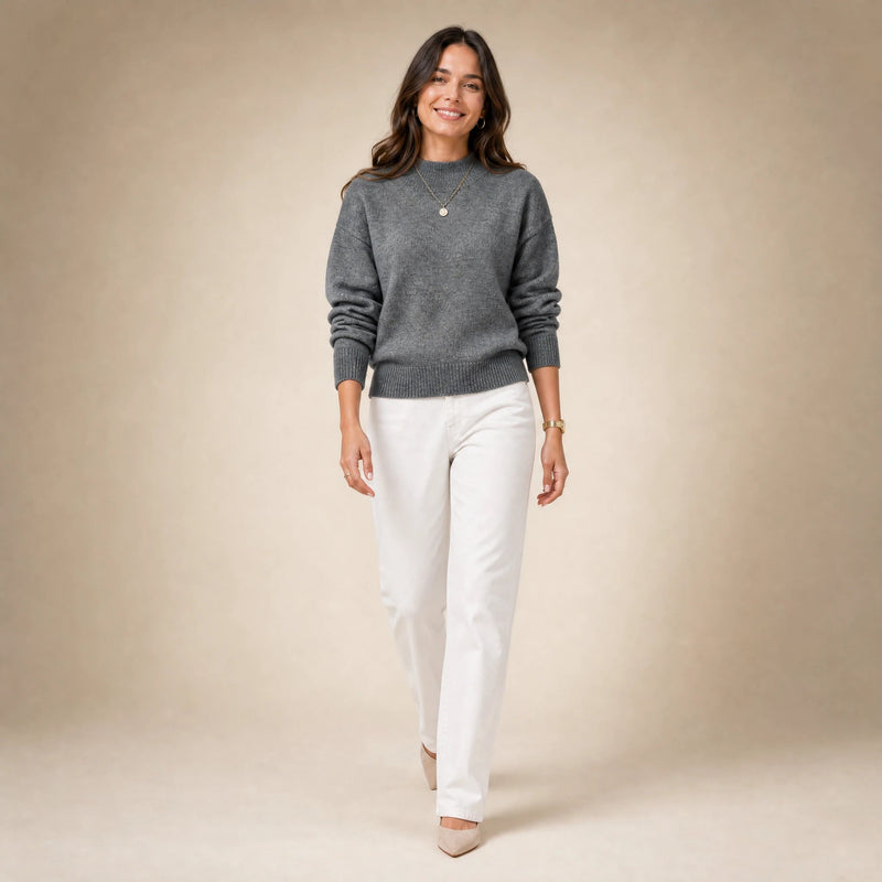 Aubrey | Women's Oversized Mock-Neck Sweater, Soft Knit in Dark Gray, view 3