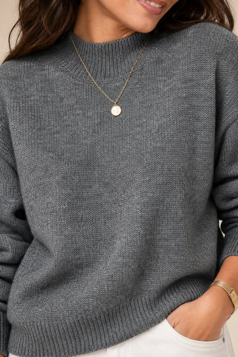 Aubrey | Oversized Mock-Neck Sweater in Dark Gray, fabric close-up