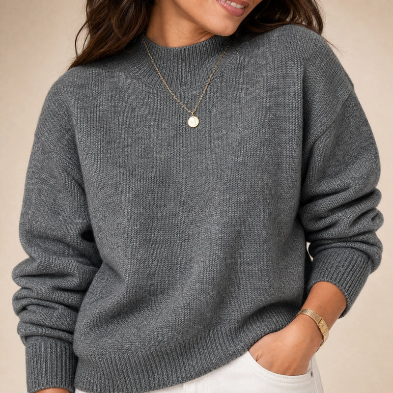 Aubrey | Women's Oversized Mock-Neck Sweater, Soft Knit in Dark Gray, view 4