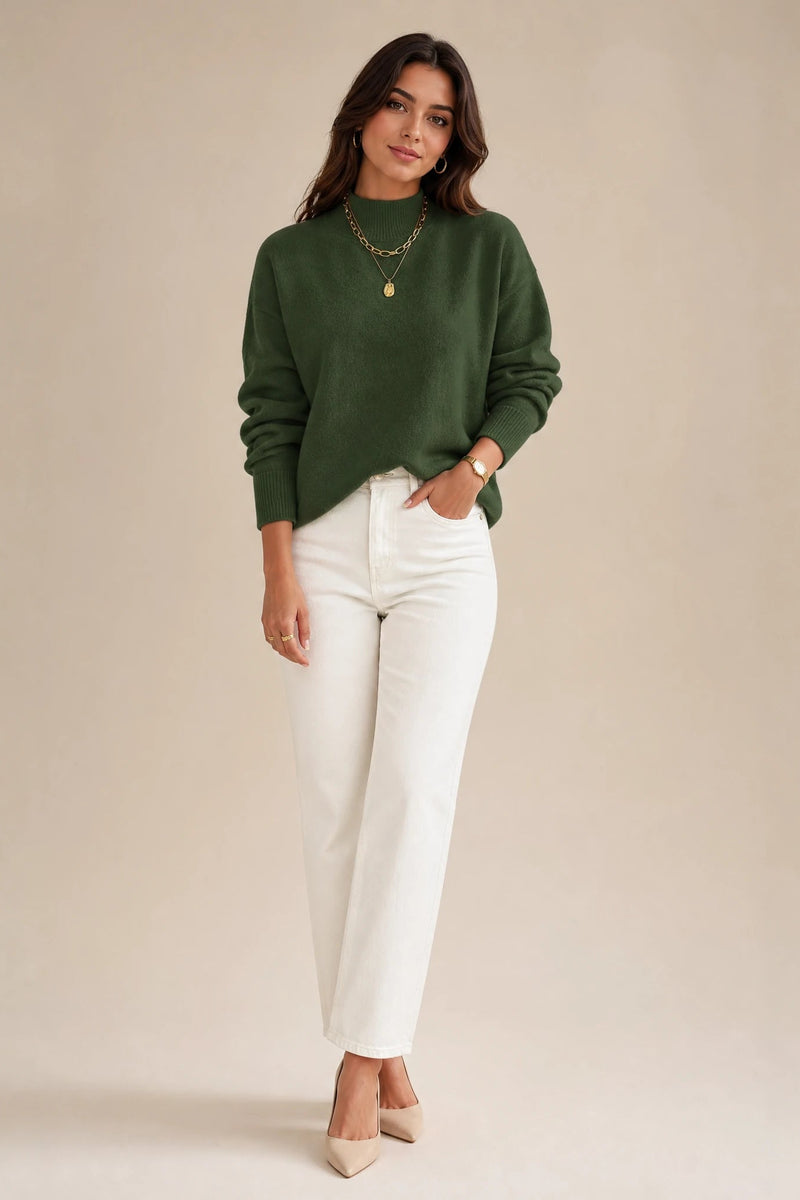 Aubrey | Oversized Mock-Neck Sweater in Green, studio front view