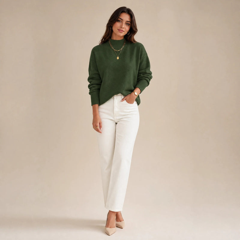 Aubrey | Women's Oversized Mock-Neck Sweater, Soft Knit in Green, view 1