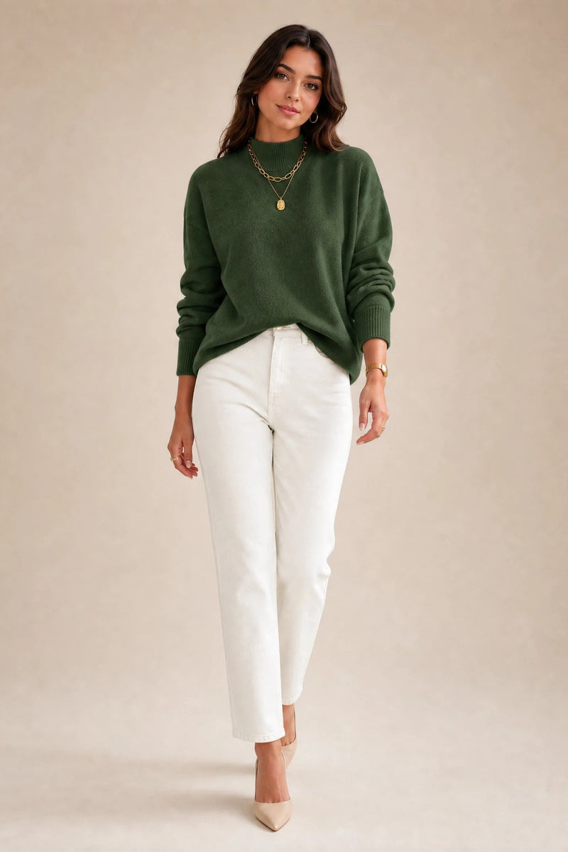 Aubrey | Oversized Mock-Neck Sweater in Green, studio back view