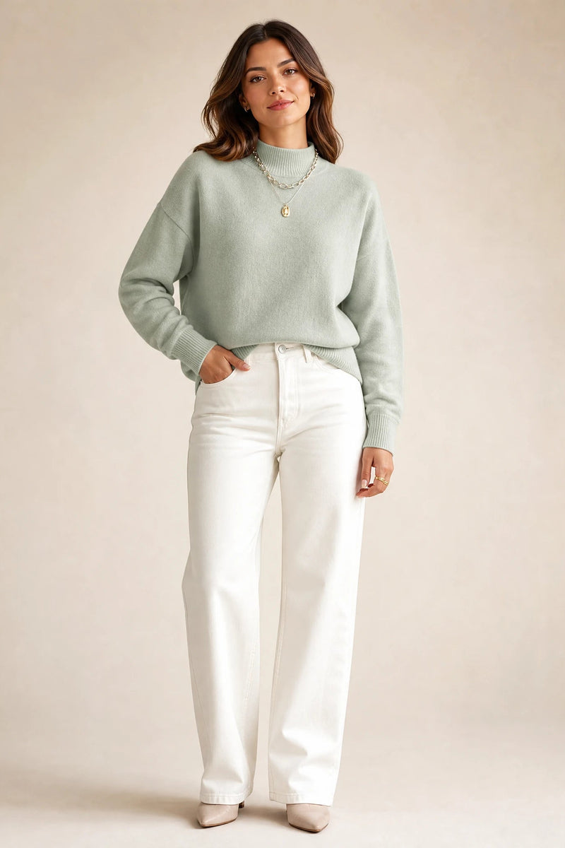 Aubrey | Oversized Mock-Neck Sweater in Light Green, studio front view