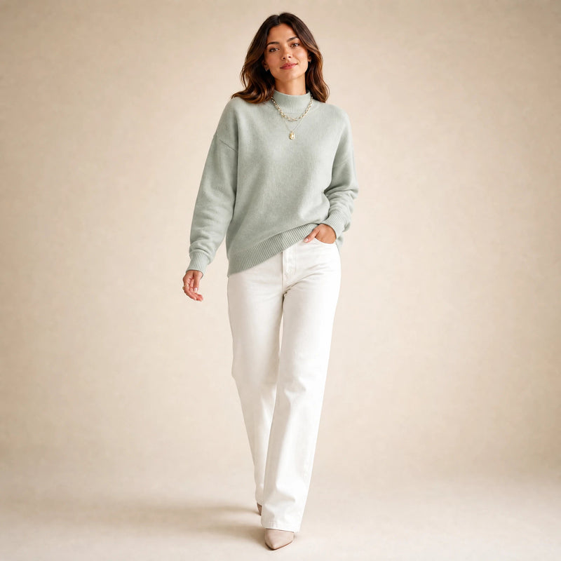 Aubrey | Women's Oversized Mock-Neck Sweater, Soft Knit in Light Green, view 3