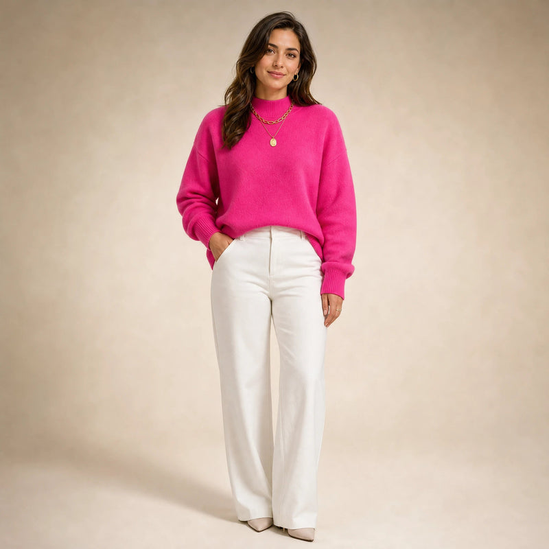 Aubrey | Women's Oversized Mock-Neck Sweater, Soft Knit in Pink, view 1