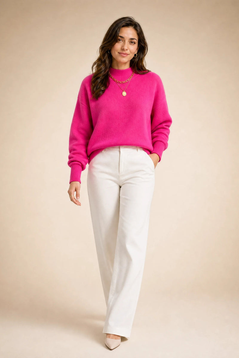Aubrey | Oversized Mock-Neck Sweater in Pink, studio back view