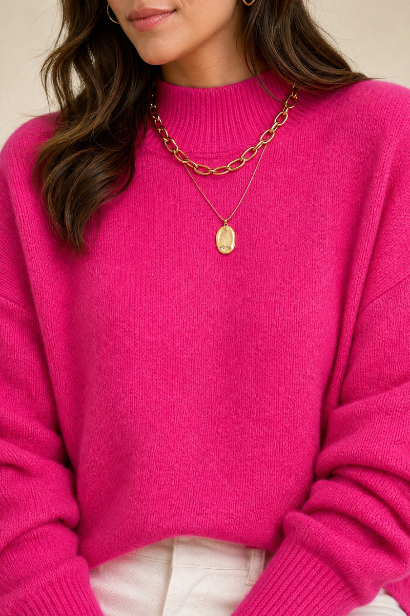 Aubrey | Oversized Mock-Neck Sweater in Pink, fabric close-up