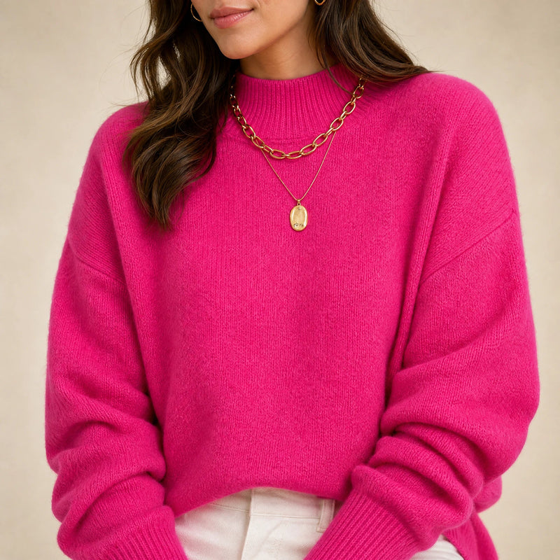Aubrey | Women's Oversized Mock-Neck Sweater, Soft Knit in Pink, view 4