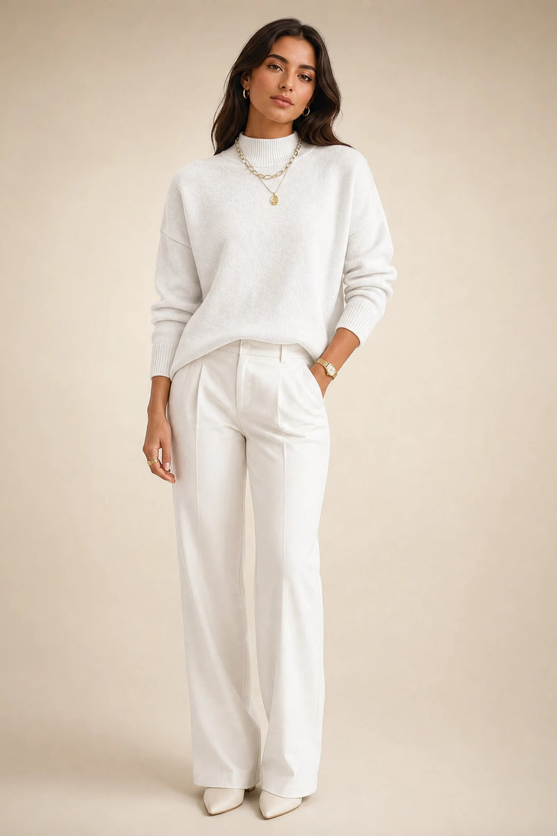 Aubrey | Oversized Mock-Neck Sweater in White, studio front view