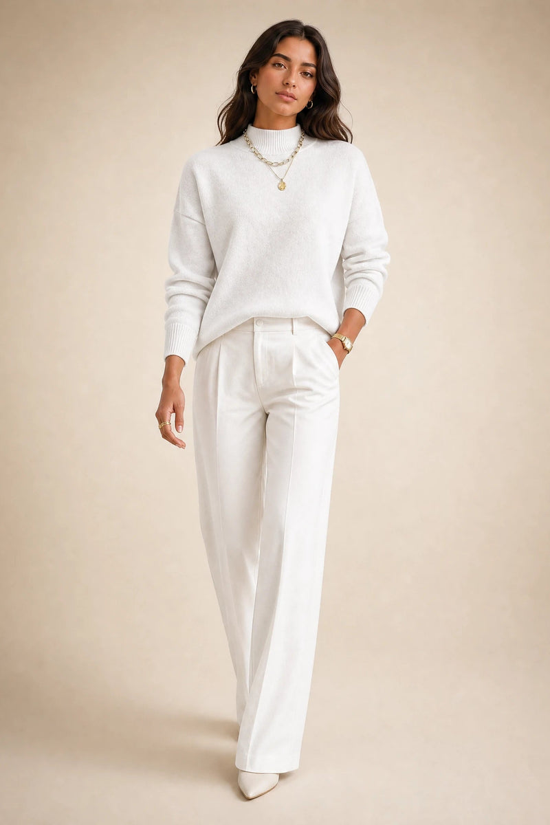 Aubrey | Oversized Mock-Neck Sweater in White, studio back view