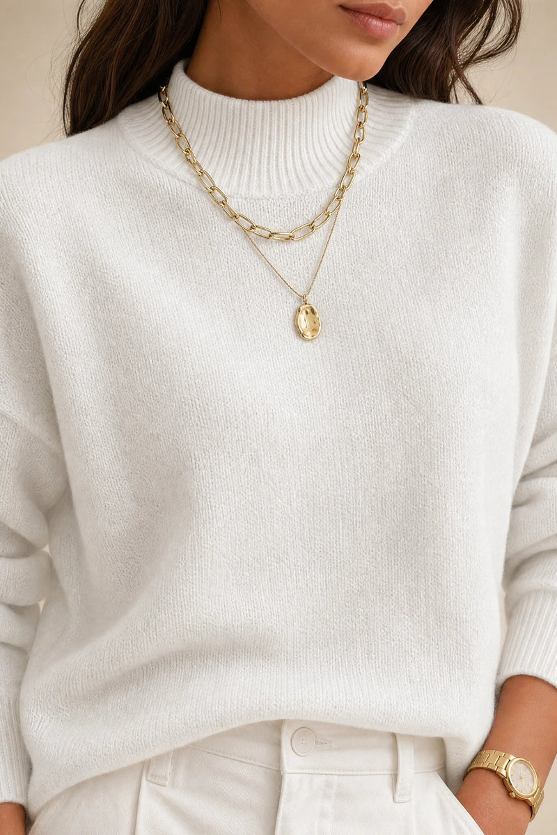 Aubrey | Oversized Mock-Neck Sweater in White, fabric close-up