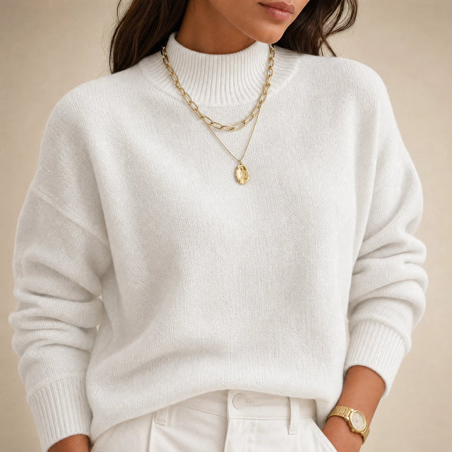 Aubrey | Women's Oversized Mock-Neck Sweater, Soft Knit in White, view 4