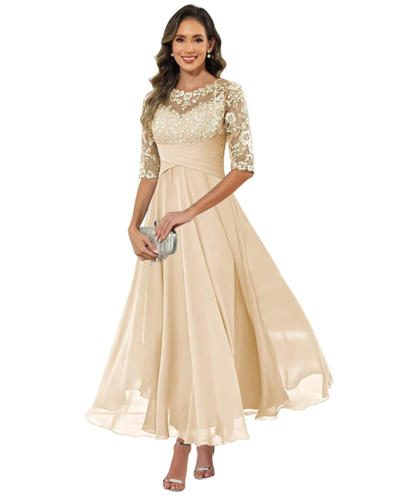 Auréliane | Gallakjole i Blonde og Chiffon i Beige, forfra