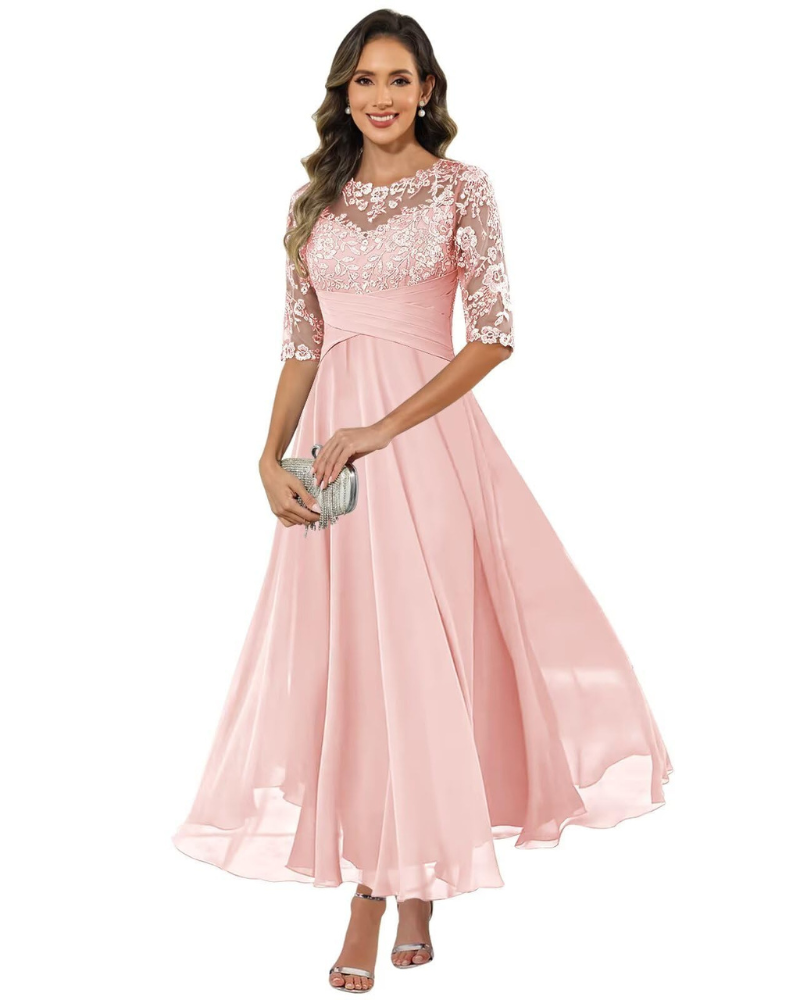 Auréliane | Gallakjole i Blonde og Chiffon i Rosa, forfra