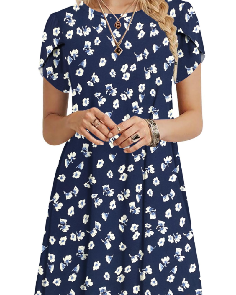 Sommerkjole Dame Blomsterprint Trapez Midikjole i Marineblå, produktbillede
