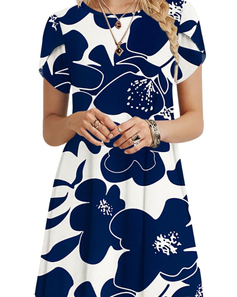 Avelisse | Blomsterprint Trapez-kjole i Blå/Hvid, produktbillede