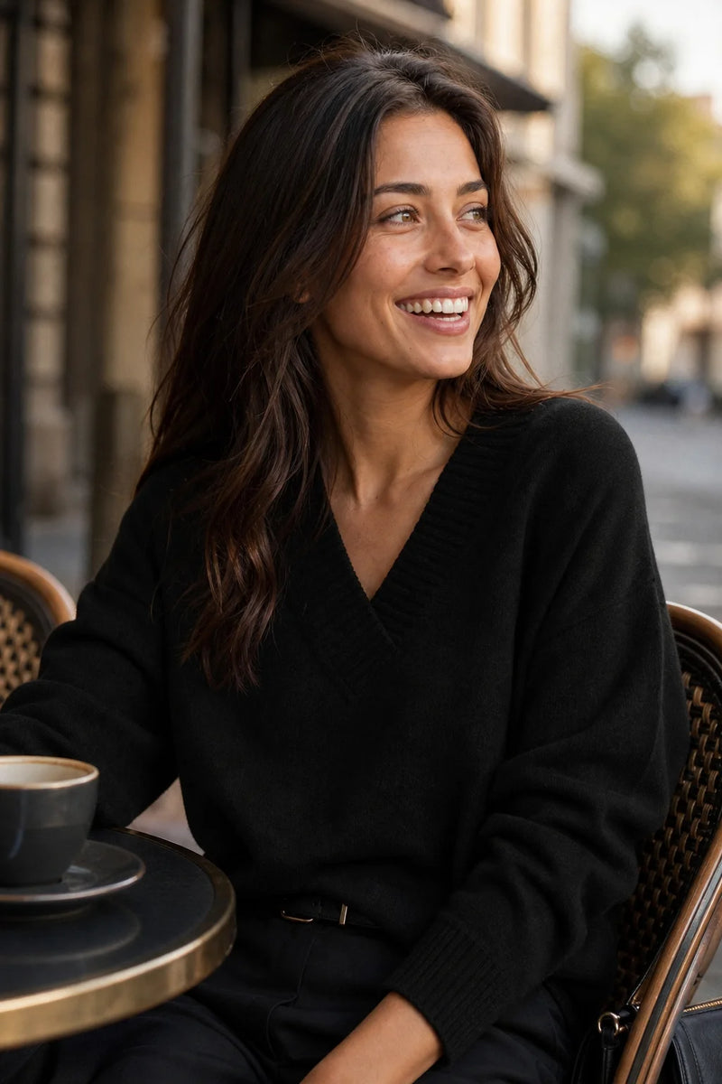 SOFAINE-V7-LIFE-Avery | Cashmere-Feel V-Neck Sweater in Black, cafe scene
