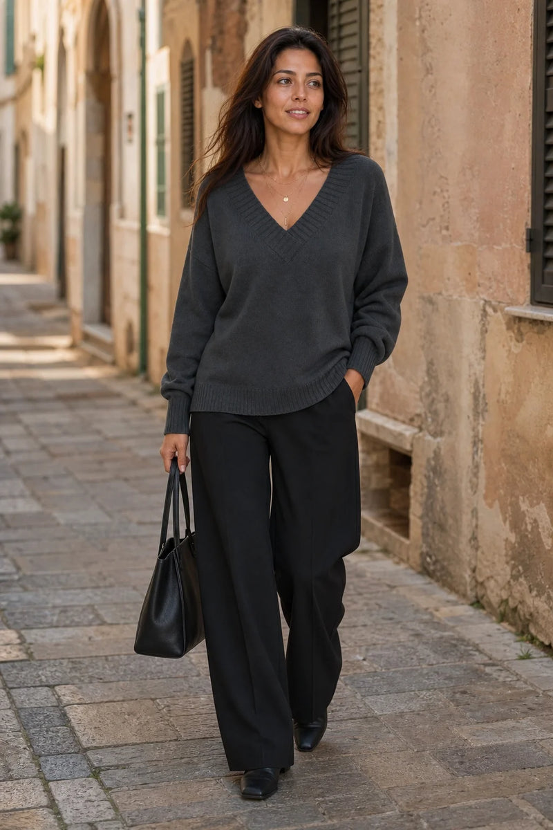 SOFAINE-V7-LIFE-Avery | Cashmere-Feel V-Neck Sweater in Dark Gray, street-style view