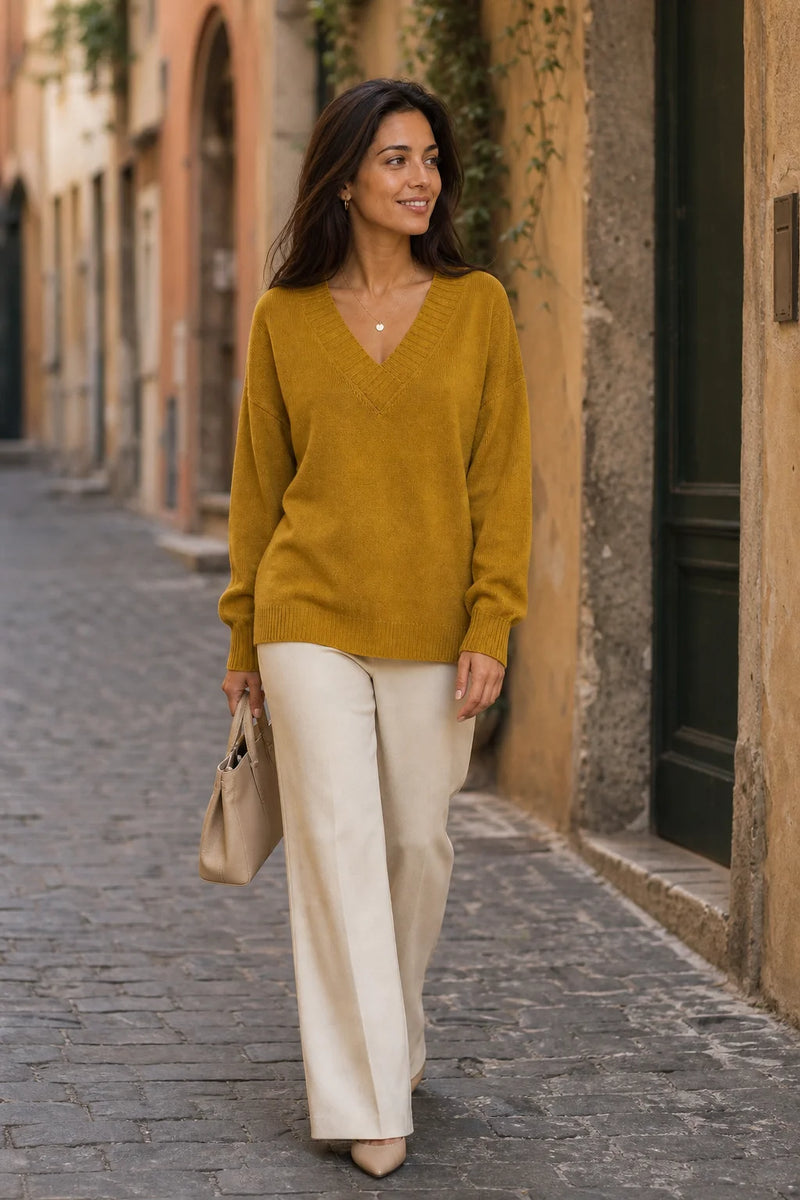 SOFAINE-V7-LIFE-Avery | Cashmere-Feel V-Neck Sweater in Gold, street-style view