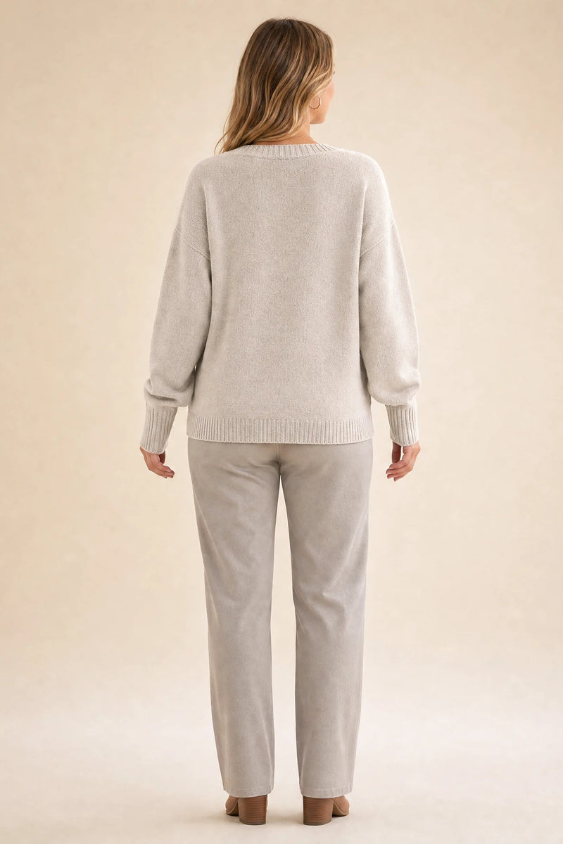 Avery | Cashmere-Feel V-Neck Sweater in Beige, studio side view