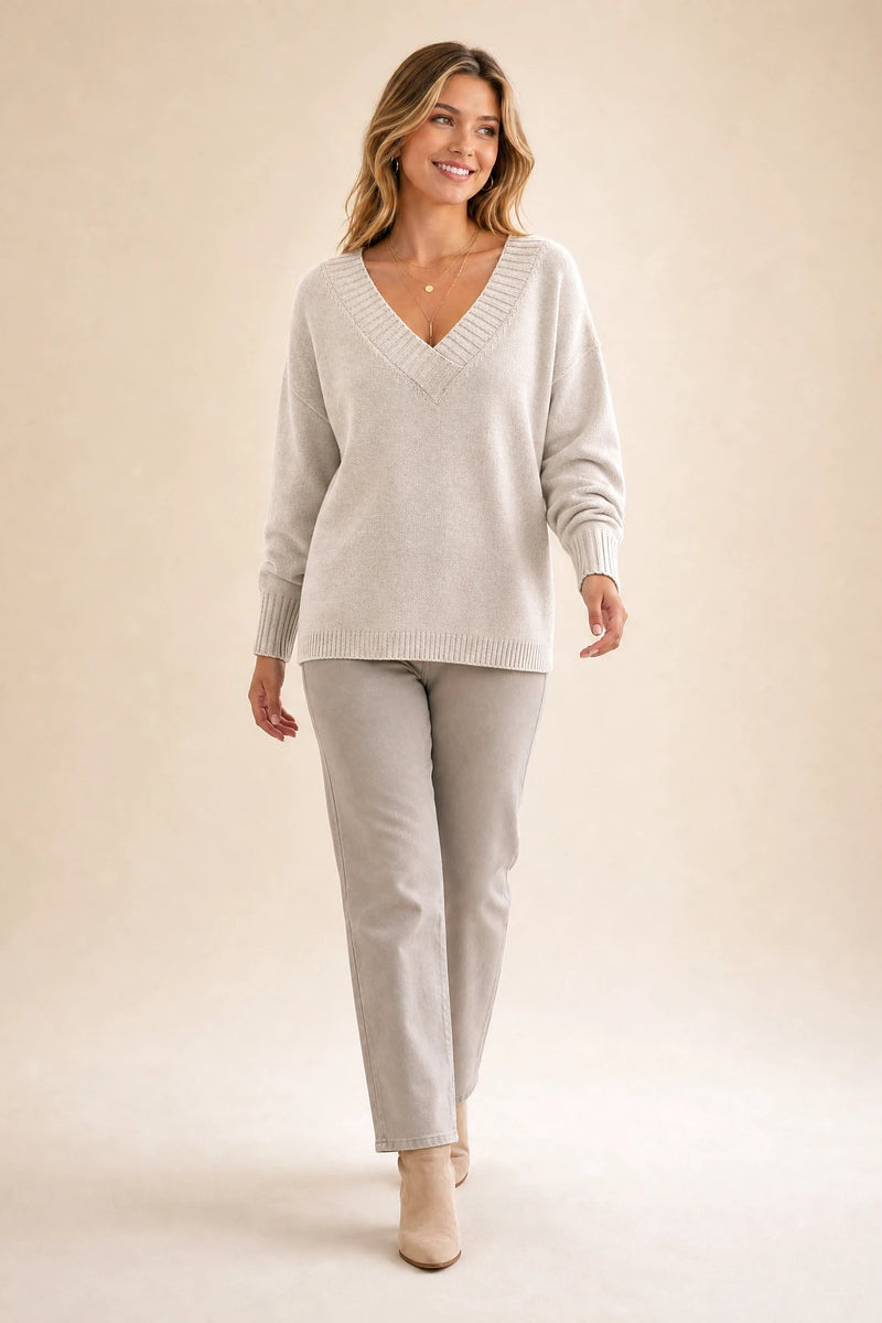 Avery | Cashmere-Feel V-Neck Sweater in Beige, studio back view
