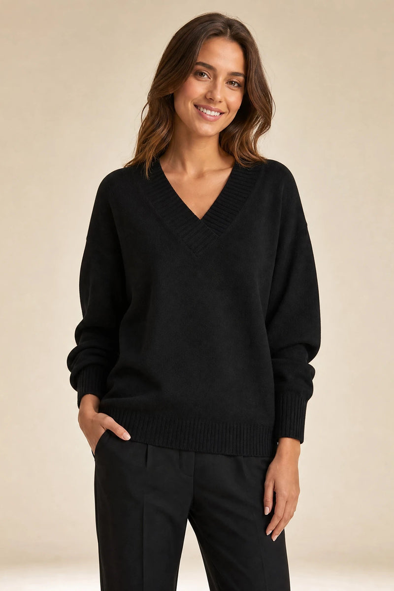Avery | Cashmere-Feel V-Neck Sweater in Black, studio front view