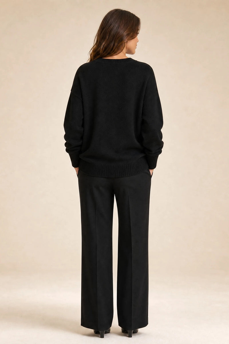 Avery | Cashmere-Feel V-Neck Sweater in Black, studio side view