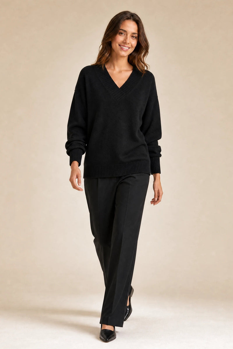Avery | Cashmere-Feel V-Neck Sweater in Black, studio back view