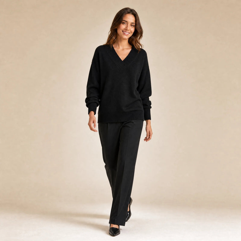 Avery | Women's Cashmere-Feel V-Neck Sweater, Fine-Gauge Knit in Black, view 3