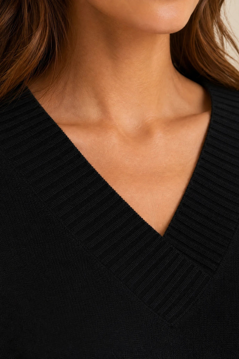 Avery | Cashmere-Feel V-Neck Sweater in Black, fabric close-up
